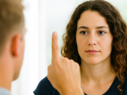Der Therapeut bewegt den Zeigefinger vor dem Gesicht der Patientin, die diesen mit den Augen verfol